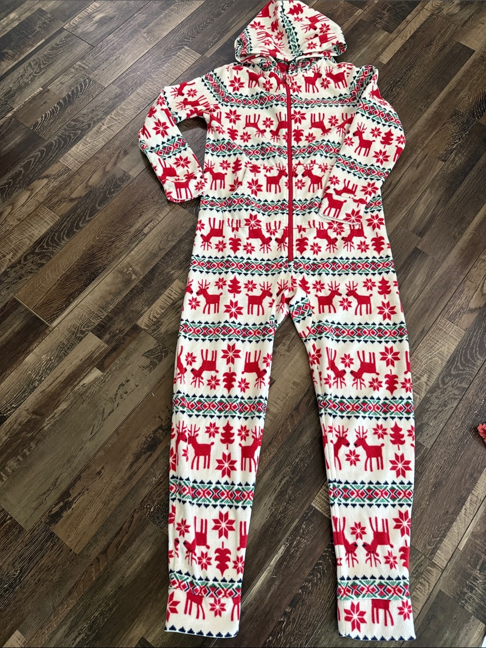 Hanna Andersson Red, White, Green & Navy Festive Fleece Hooded Onesie